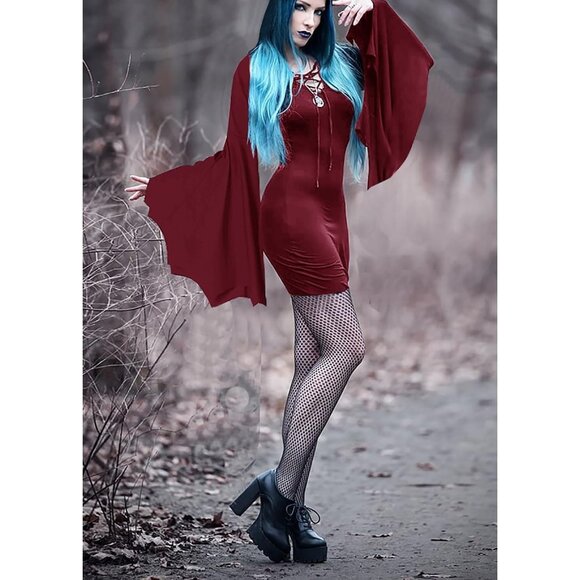 Women's Red Halloween Long Wide Sleeves Addams Costume Wrap Gothic Witch Dress - Picture 2 of 6